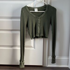 Aerie Dark Green Ribbed Long Sleeve Crop Top